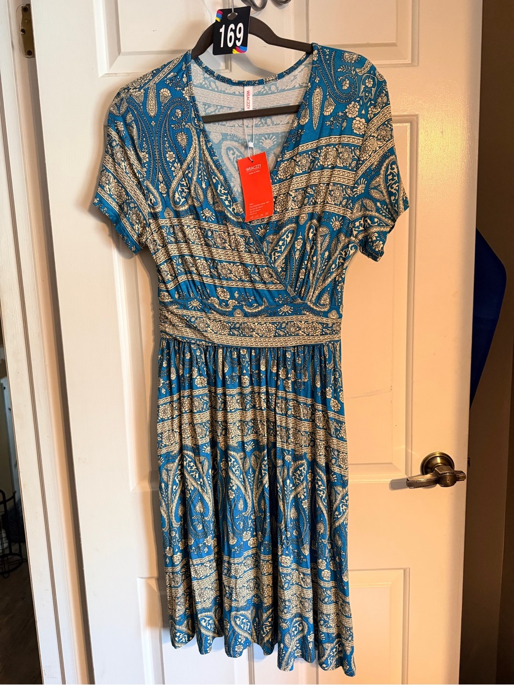 Teal Paisley Wrap-Style Short Sleeve Dress